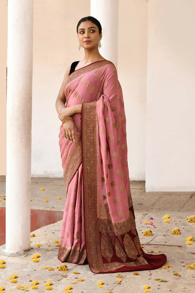 Joban Fashion Nude Pink Crepe Chiffon Pure Handloom Banarasi Silk Saree