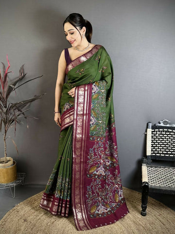 Prime Volt Premium Viscose Silk Kalamkari Saree with Peacock Zari Border & Bandhani Blouse-Green - Dista