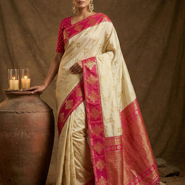Shree Shyam Fashion Cream Soft Silk Saree - Distacart
