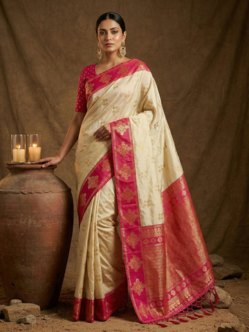 Shree Shyam Fashion Cream Soft Silk Saree - Distacart
