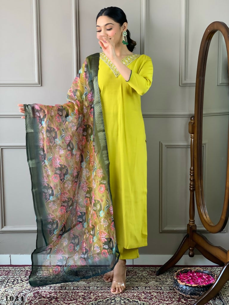 Partywear Designer Lemon Yellow Viscos Chanderi Stitched Suit With Dupatta - Tanisha - Distacart