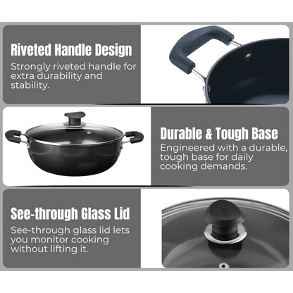 Vinod Black Pearl Hard Anodised Non Stick Deep Kadhai with Glass Lid - Dista