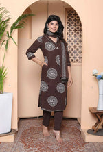 Thumbnail for Miravan Womens Animal Print Cotton Brown Stitched Kurta Palazzo With Dupatta Set - Distacart