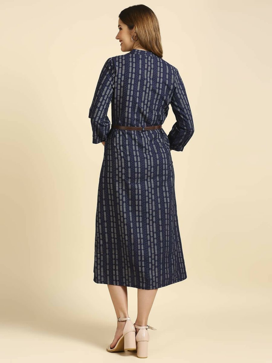 Anubhutee Women's Cotton A-Line Midi Casual Navy Blue Dress - Distacart