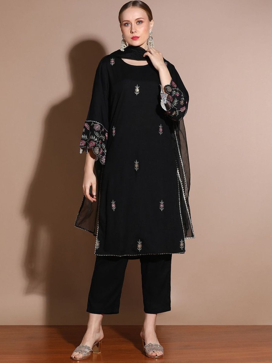 Anouk Floral Embroidered Regular Thread Work Straight Kurta with Trousers & Dupatta - Distacart