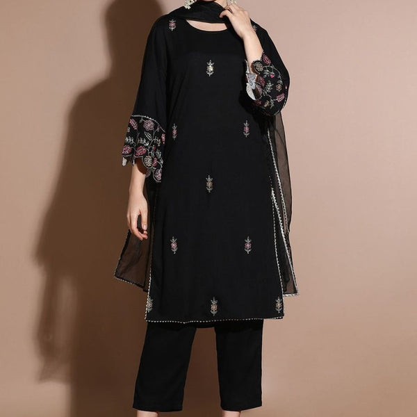 Anouk Floral Embroidered Regular Thread Work Straight Kurta with Trousers & Dupatta - Distacart