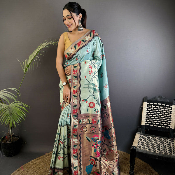 Joban Fashion Turquoise Blue Paithani Soft Silk Meenakari Saree