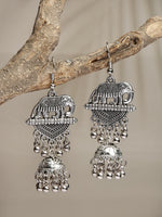 Thumbnail for NVR Women's Silver-Toned Elephant Design German Silver Oxidised Dome Shaped Jhumka Earrings - Distacart