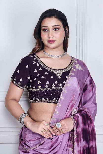 Morchari Wine Crepe Hand Embroidery Saree And Stitched Blouse - Distacart