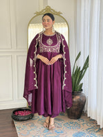 Thumbnail for The52 Purple Women's Gorgeous Embroidered Vichitra Silk Fabric Flared Kurta Pant with Dupatta Set - Distacart