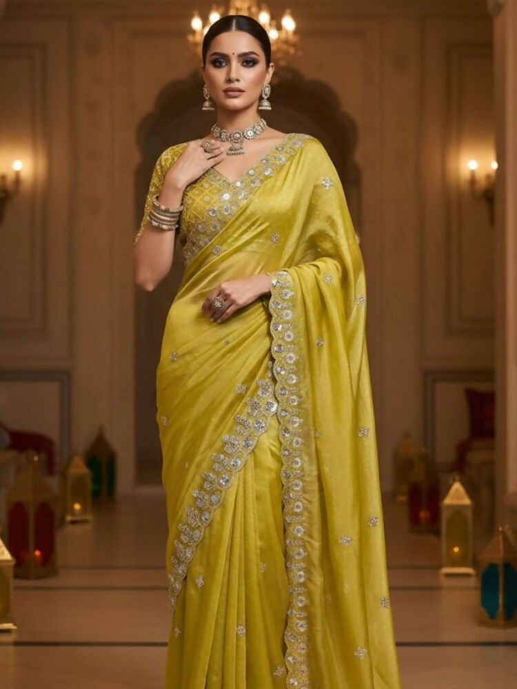 Joban Fashion Yellow Fandy Satin Silk Party Wear Sarees - Distacart