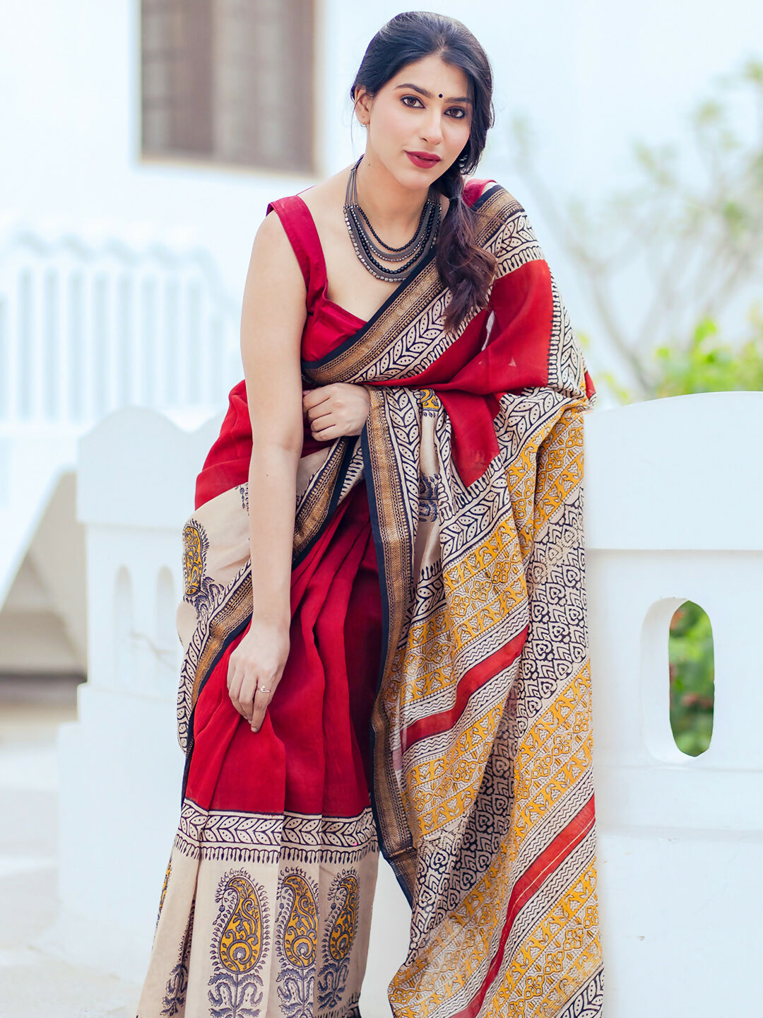 Zibaa Hand-Blocked Pure Maheshwari Silk Red Saree
