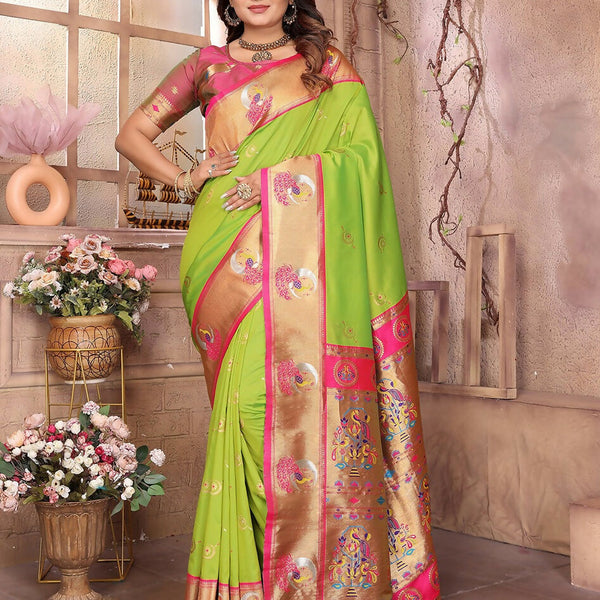 Joban Fashion Paithani Light Green Woven Soft Silk Saree - Distacart