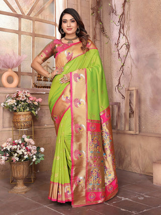 Joban Fashion Paithani Light Green Woven Soft Silk Saree