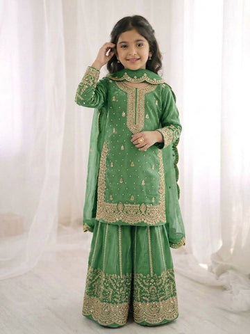 Teeya Creation New Trendy Fully Stitched Ready to Wear Kids Kurta Palazzo Set-Green - Dista