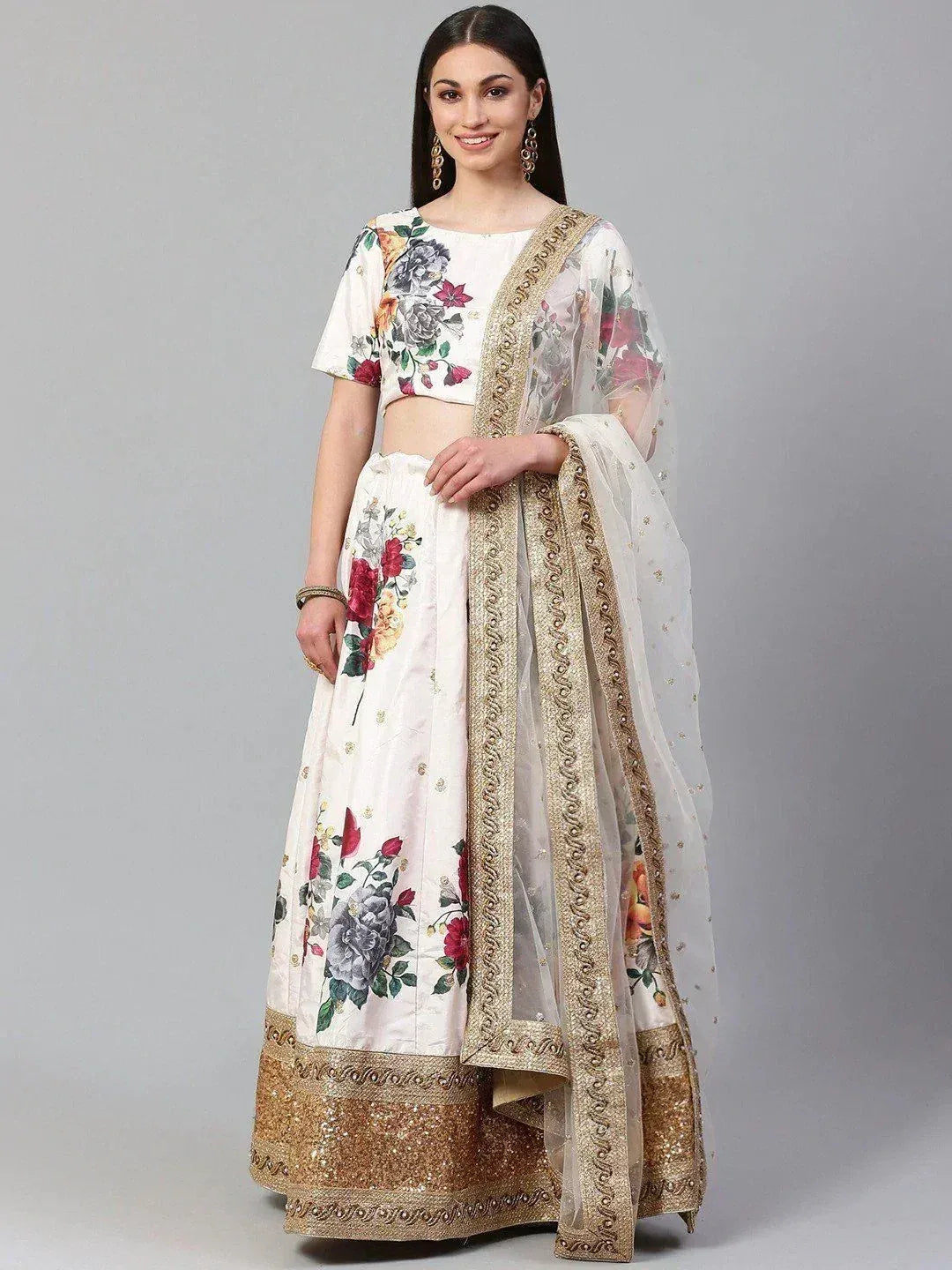 Tulsi Art Off-White & Red Printed Semi-Stitched Myntra Lehenga & Unstitched Blouse With Dupatta - Dista