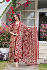 Thumbnail for Jaimini Women Cotton Printed V-Neck 3/4 Sleeves Calf Length Flared Kurta Pant And Dupatta Set - Dista