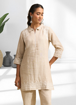 Thumbnail for Joban Fashion Beige Linen Embroidered Readymade Cord Set - Distacart