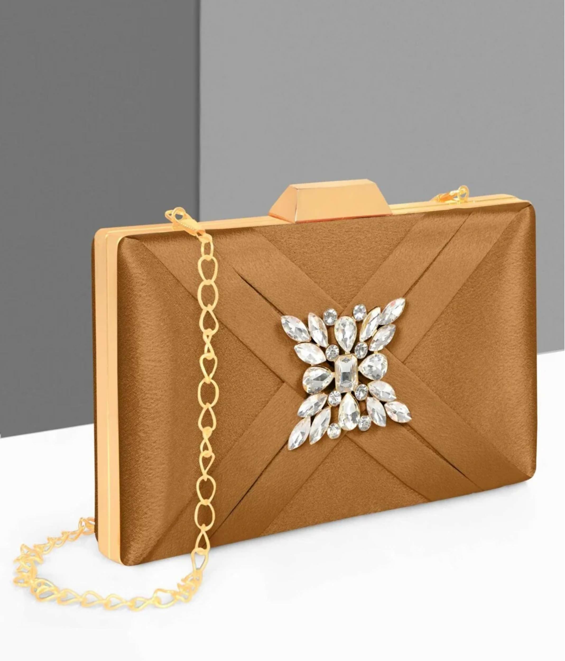 Joban Fashion Luxurious Satin Evening Clutch With Detachable Chain Strap - Brown - Dista