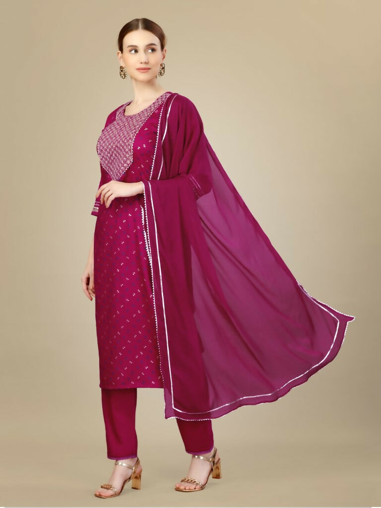 Jyoti Fashion Women's Rani Pink Silk Blend Embroidery & Sequence work Kurta with Trouser & Dupatta - Distacart