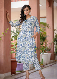 Thumbnail for Kaajh Women's White Blue Floral Print Kurta Pant Set - Distacart