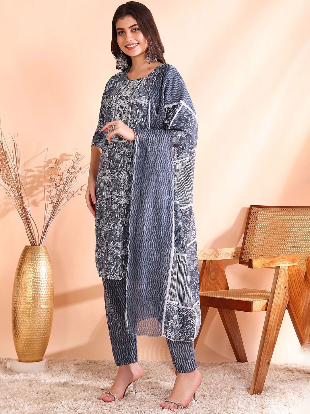 Ode by House of Pataudi Printed Mirror Work Pure Cotton Kurta With Trousers & Dupatta - Distacart