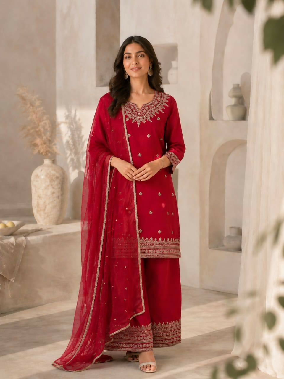 Teeya Creation Festive Red Silk Party Wear Kurti Pant Set With Elegant Zari Work - Dista