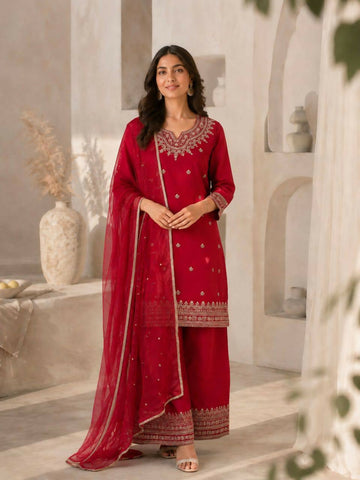 Teeya Creation Festive Red Silk Party Wear Kurti Pant Set With Elegant Zari Work - Dista