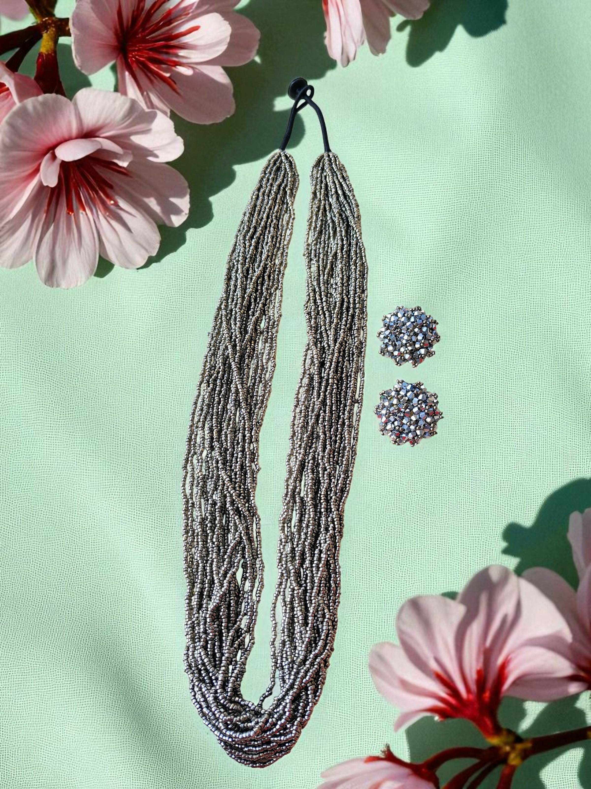 Inhanns Rangsaaz 20-Layer Luxe Long Beaded Necklace (With Optional Statement Earrings) - Silver With Earring - Distacart