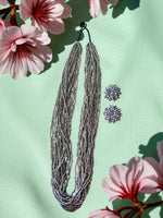 Thumbnail for Inhanns Rangsaaz 20-Layer Luxe Long Beaded Necklace (With Optional Statement Earrings) - Silver With Earring - Distacart