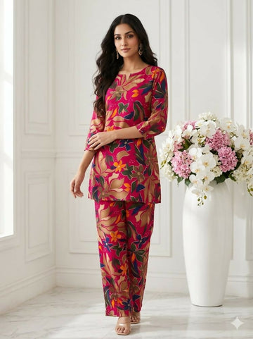 Teeya Creation Women New Latest Red Floral Printed Crepe Kurta with Palazzos Set - Dista