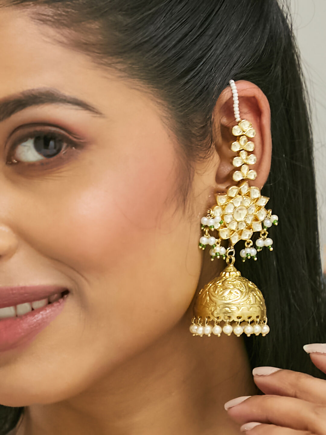 Nuyug 22K Gold-Plated Floral Jhumki Kundan Studded Kanauti Earrings