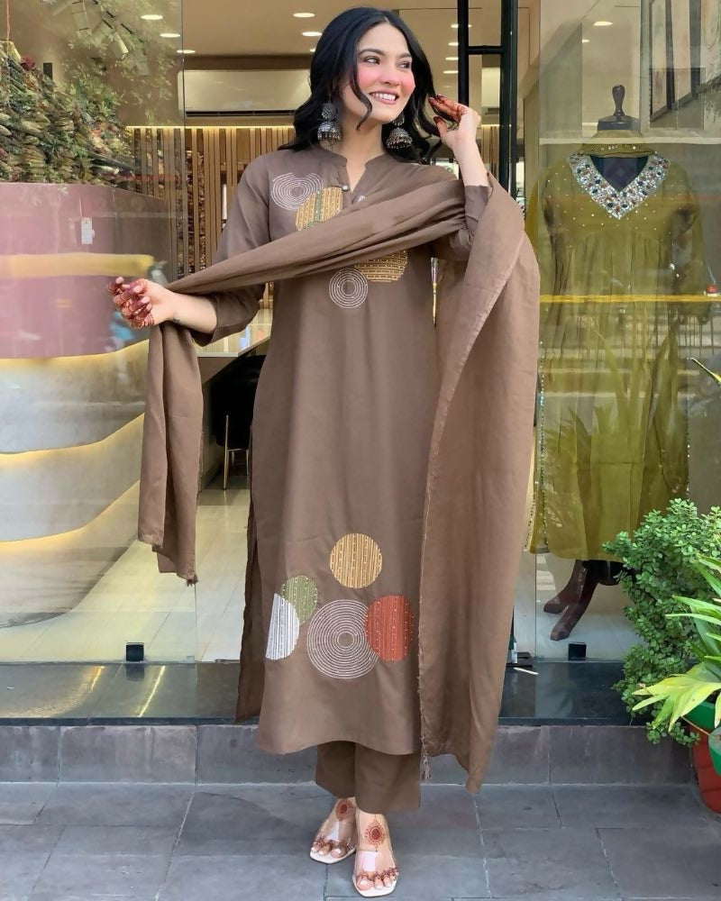 Teeya Creation Women Brown Geometric Embroidered Straight Kurta with Pants and Dupatta Set - Dista