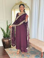 Thumbnail for The52 Wine Women's Gorgeous Vichitra Silk Fabric Embroidered Work Flared Anarkali Pant and Dupatta Set