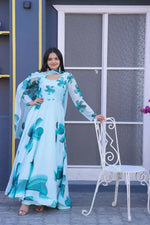 Thumbnail for Aastha Fashion Women's Turquoise Tebby Silk Floral Printed Anarkali Dress with Dupatta - Distacart