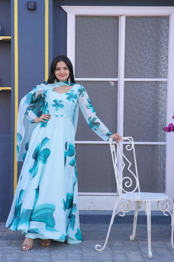 Aastha Fashion Women's Turquoise Tebby Silk Floral Printed Anarkali Dress with Dupatta - Distacart