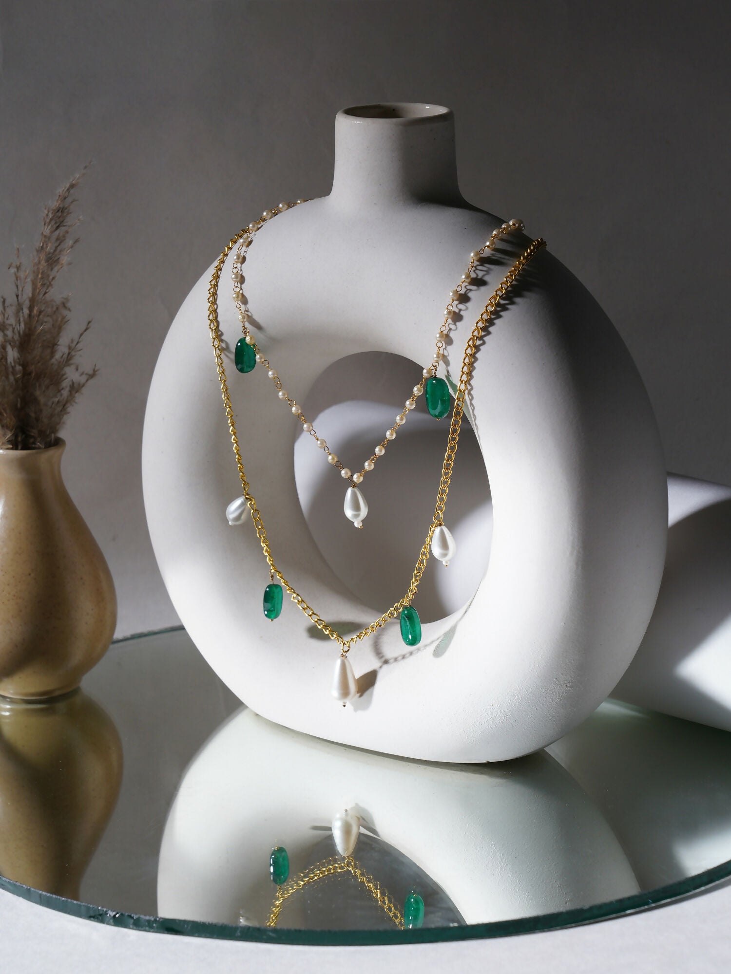 Layered Pearl and Gold Neckpiece with Emeralds (Gold) - Ruby Raang - Distacart