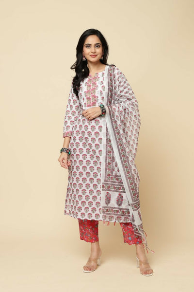 Designer Stylish Red Cotton Blend Stitched Suit With Dupatta - Tanisha - Distacart