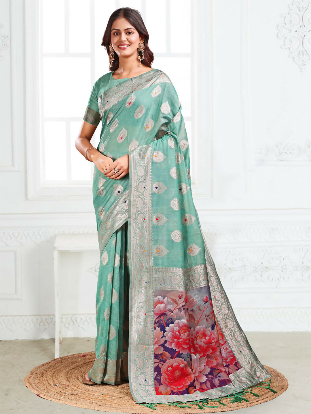 Astita Linen Cotton Rama Green Saree