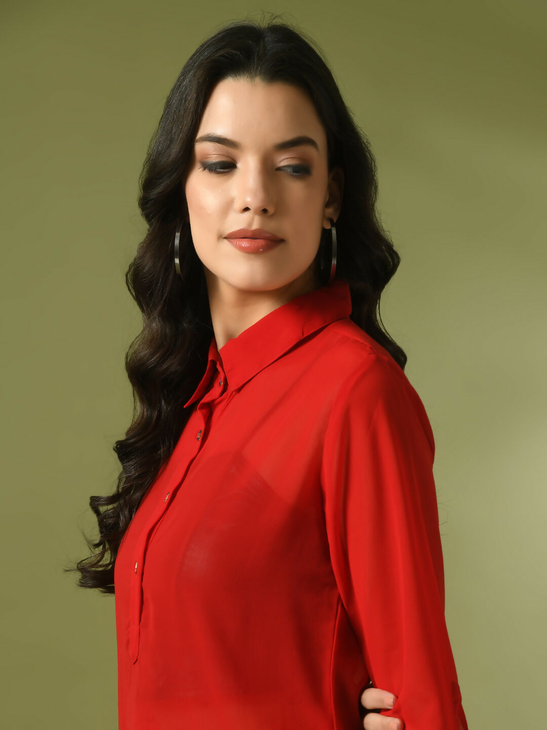 Myshka Women's Red Solid Georgette Longline Party Sheer Tunic - Distacart