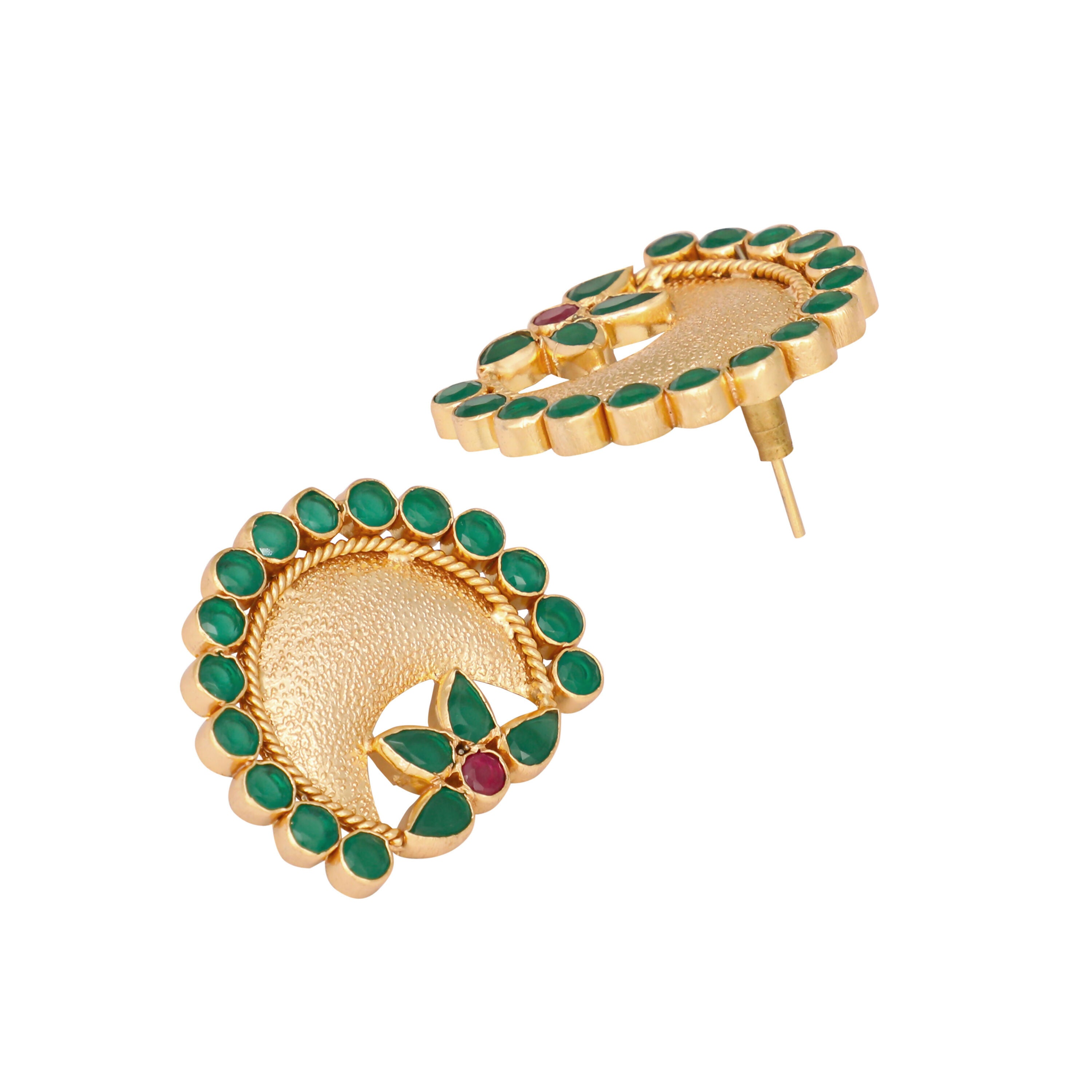 Nuyug 22K Gold Plated Faux Emerald Stone Studded Contemporary Shaped Studs