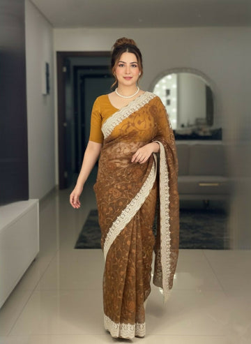 Teeya Creation New Latest Trendy Party Wear Two Tone Twill Net Saree-Gold - Dista