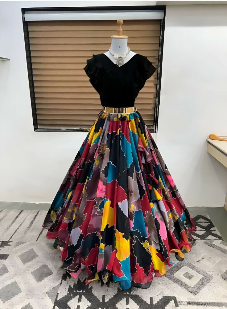 Dishitha Creation Printed Stitched Lehenga & Crop Top - Black & Black - Distacart