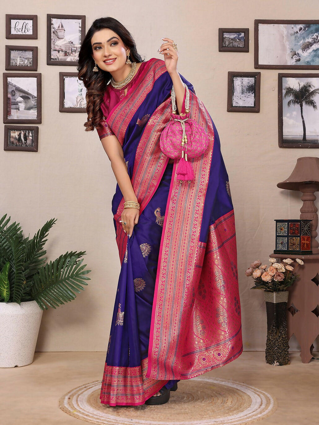 Joban Fashion Banarasi Purple Small Butti Soft Silk Saree