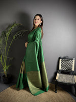 Thumbnail for Joban Fashion Emerald Green Banarasi Soft Lichi Silk Checks & Woven Saree