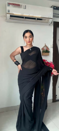 Thumbnail for Malishka Georgette Printed Ready To Wear Saree With Blouse Piece - Black - Distacart
