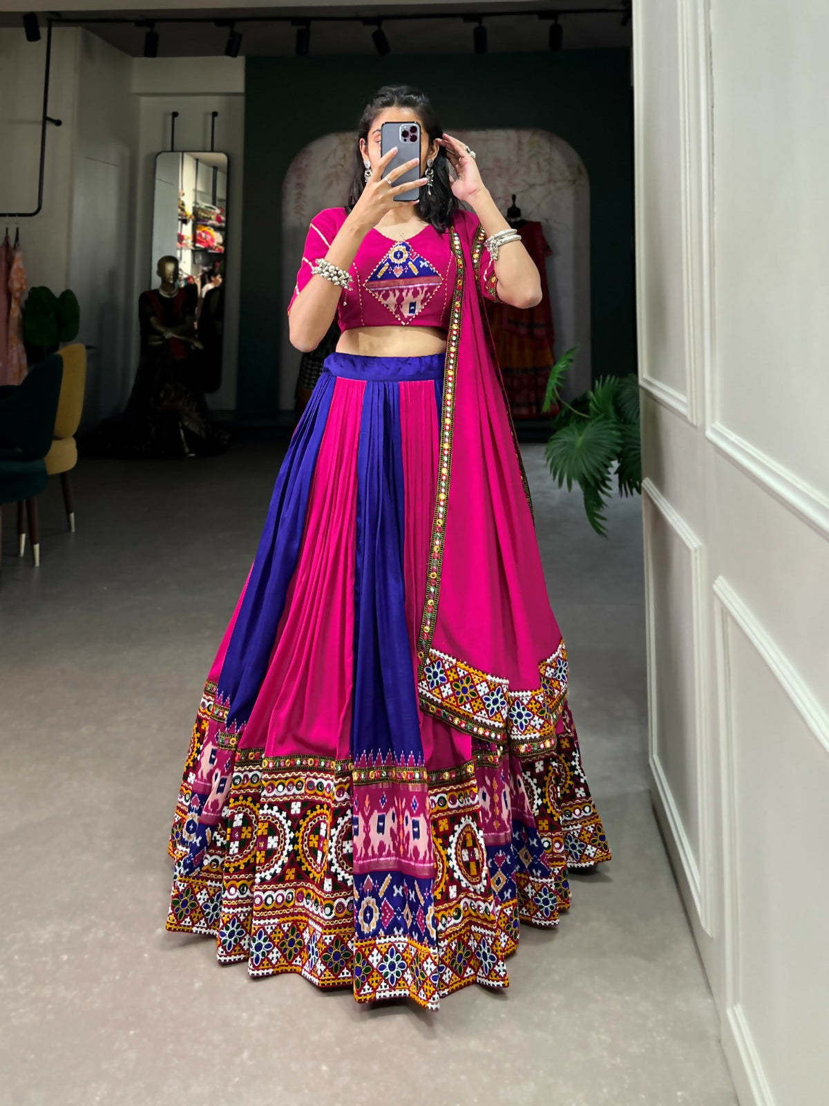 Vastranavya Navaratri Special Rayon with Printed Patch With Gota Patti And Paper Mirror Work And Cowrie (Kodi) Lace Touch Up Lehenga with Stitched Blouse - Royal Blue - Distacart
