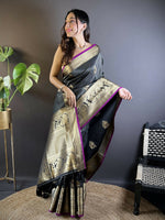 Thumbnail for Joban Fashion Black Striped With Floral Motifs Soft Silk Leheriya Saree