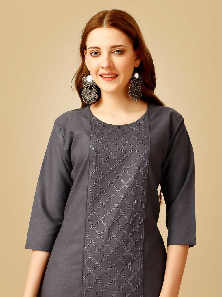 Jyoti Fashion Women's Grey Cotton Blend Embroidered Kurta Pant Set - Distacart