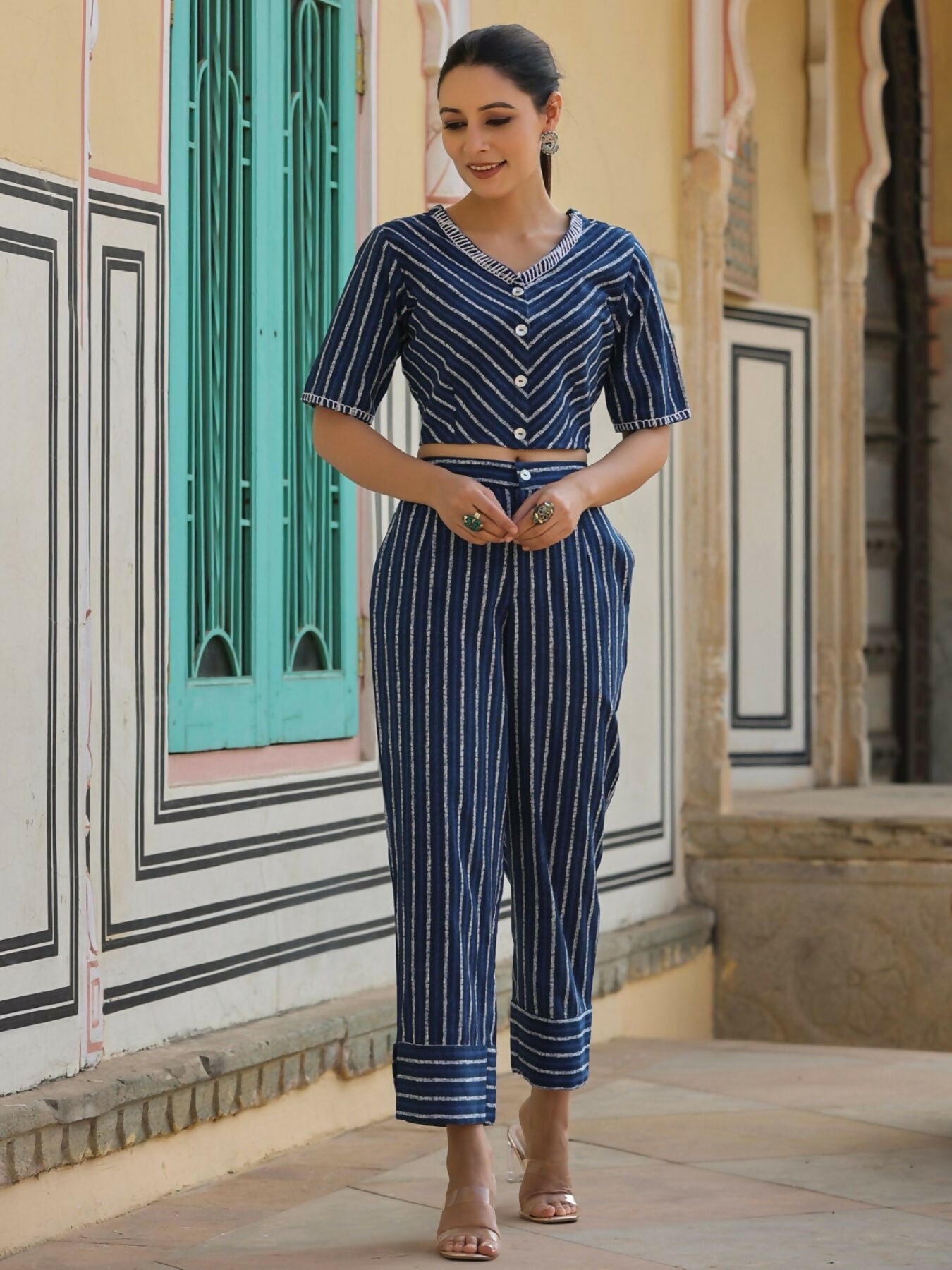 Juniper Navy blue Striped Printed cotton flex Crop Top & Pants Set With Thread Work - Distacart
